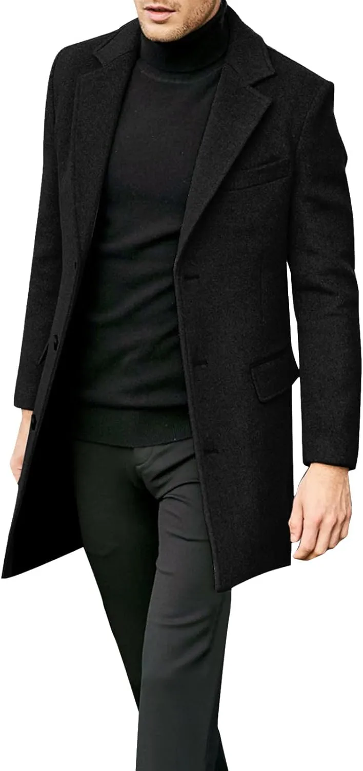 Mens Slim Fit Single Breasted Trench Coats Notched Collar Mid Long Jackets Casual Windproof Pea Coats Windbreaker