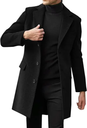 Mens Slim Fit Single Breasted Trench Coats Notched Collar Mid Long Jackets Casual Windproof Pea Coats Windbreaker