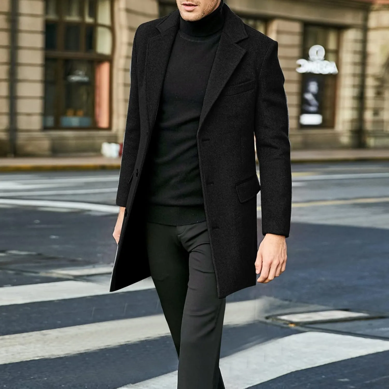 Mens Slim Fit Single Breasted Trench Coats Notched Collar Mid Long Jackets Casual Windproof Pea Coats Windbreaker