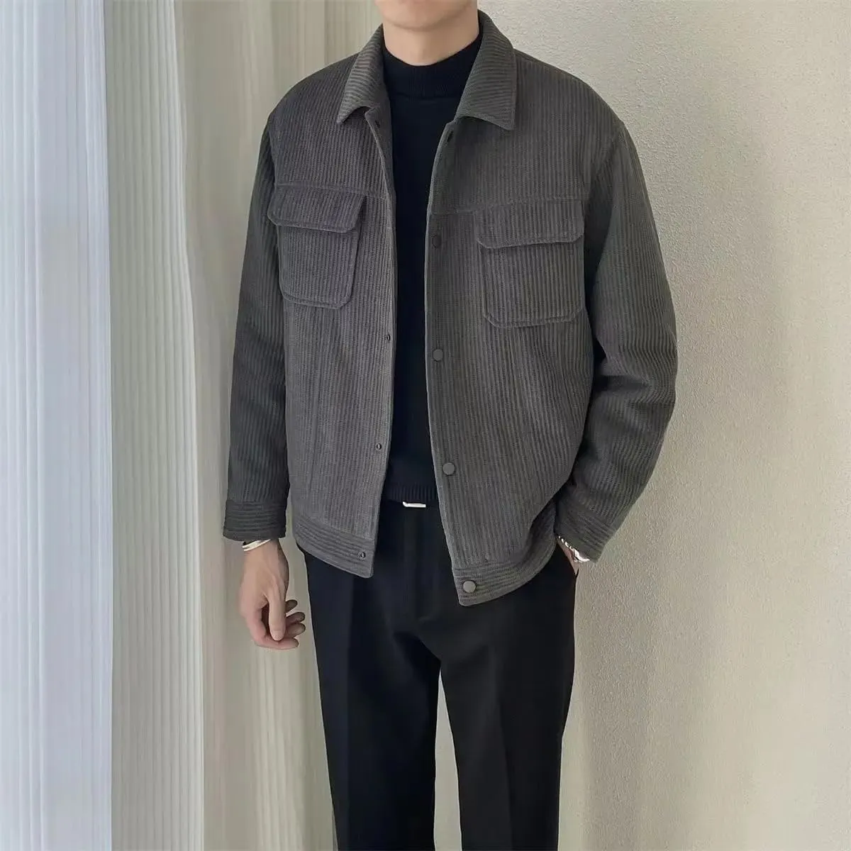 Men's Turn-down Collar Button Solid Color Loose Casual Long Sleeve Jackets