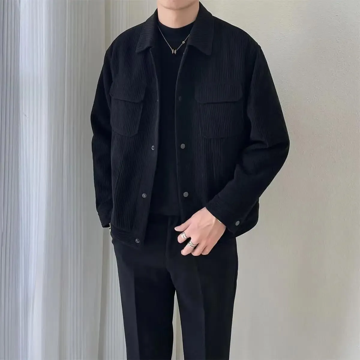 Men's Turn-down Collar Button Solid Color Loose Casual Long Sleeve Jackets