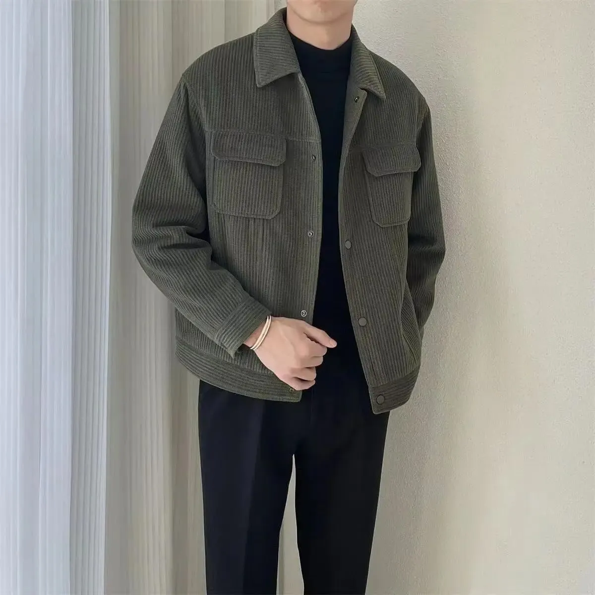 Men's Turn-down Collar Button Solid Color Loose Casual Long Sleeve Jackets