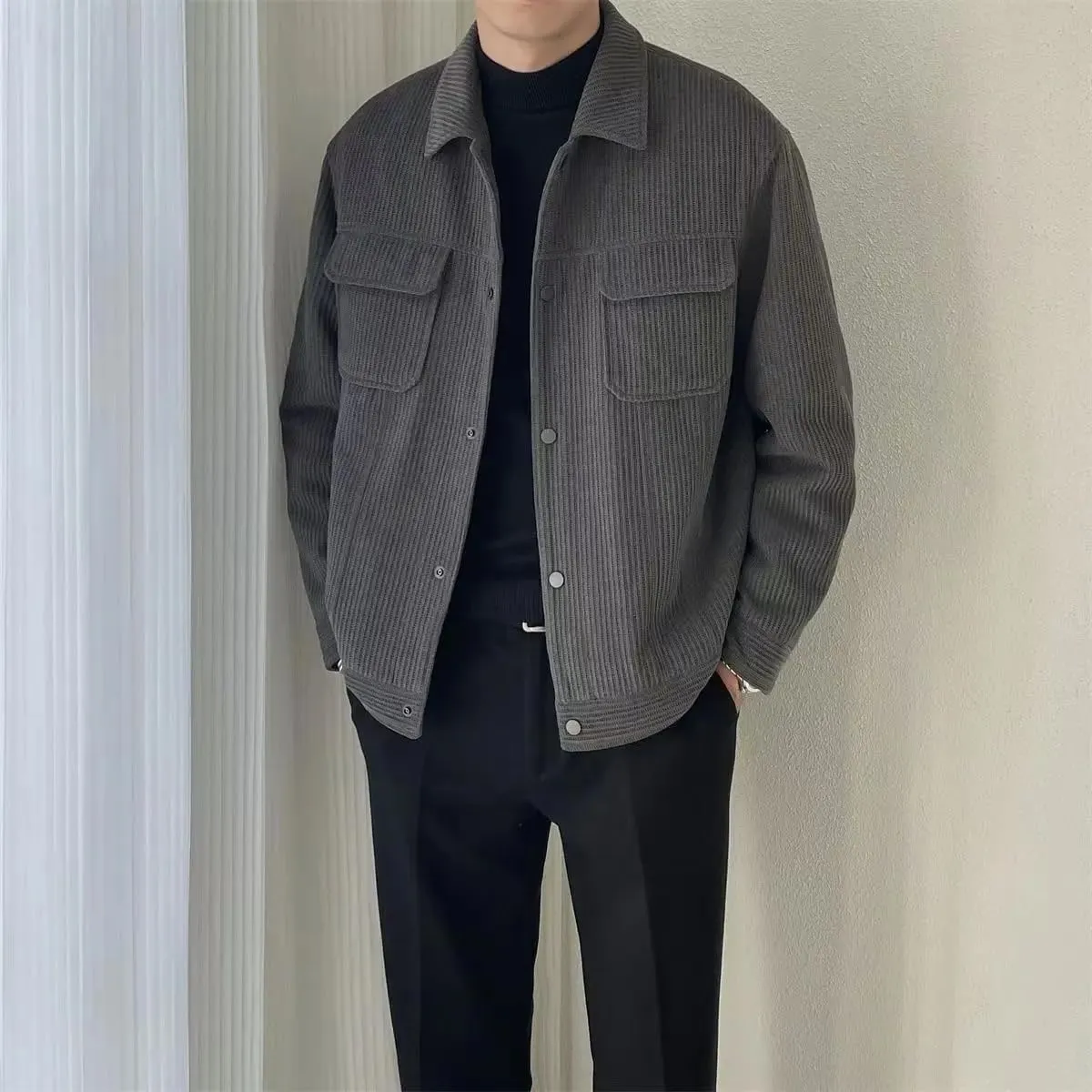 Men's Turn-down Collar Button Solid Color Loose Casual Long Sleeve Jackets