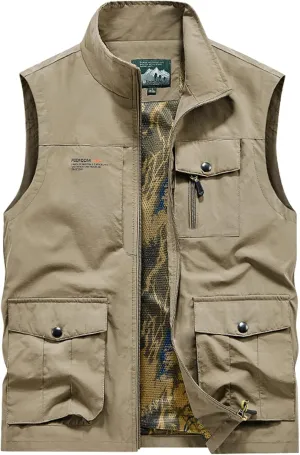 Men's Vests Outerwear Thin Multi-Pocket Outdoor Sports Vest Waterproof Quick Drying Casual Waistcoat Vest, M-5XL