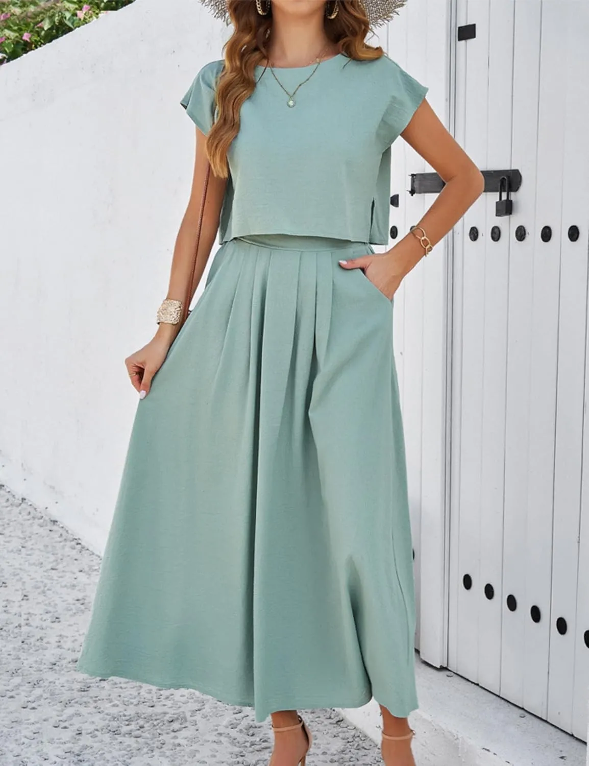 Mingzhu Womens 2 Piece Outfits Skirt Set Summer Casual Cap Sleeve Crop Tops Maxi Dress Sets with Pockets