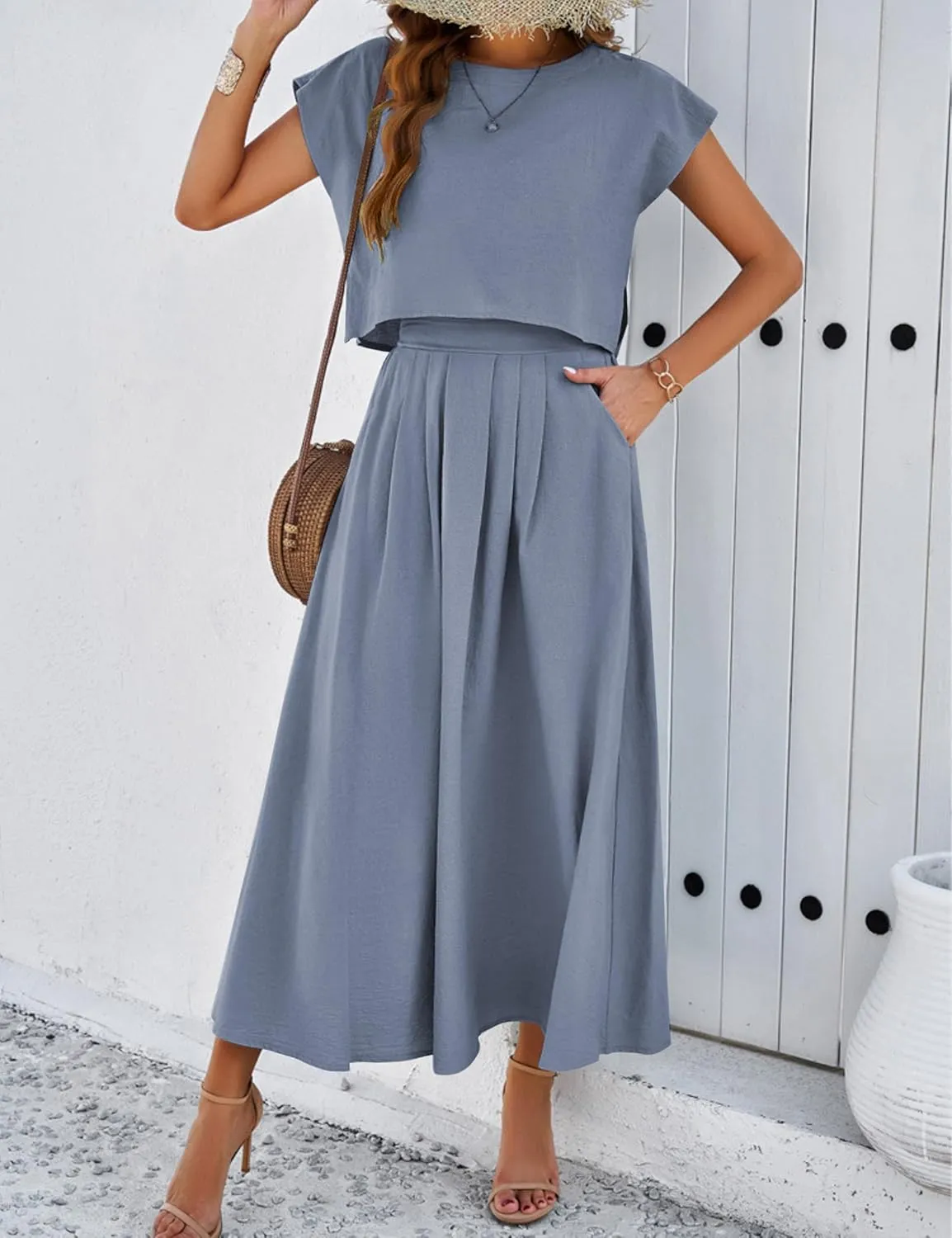 Mingzhu Womens 2 Piece Outfits Skirt Set Summer Casual Cap Sleeve Crop Tops Maxi Dress Sets with Pockets