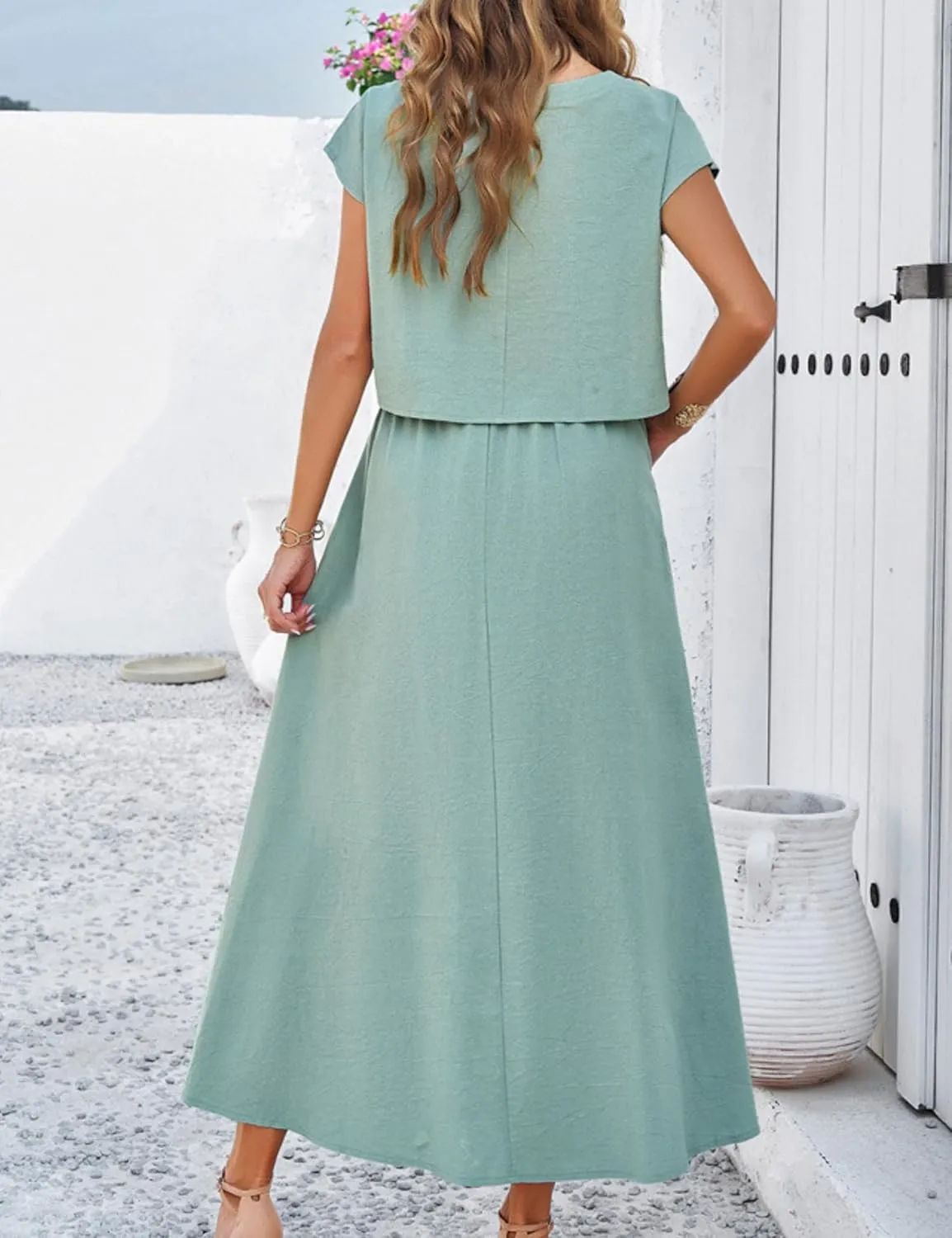 Mingzhu Womens 2 Piece Outfits Skirt Set Summer Casual Cap Sleeve Crop Tops Maxi Dress Sets with Pockets