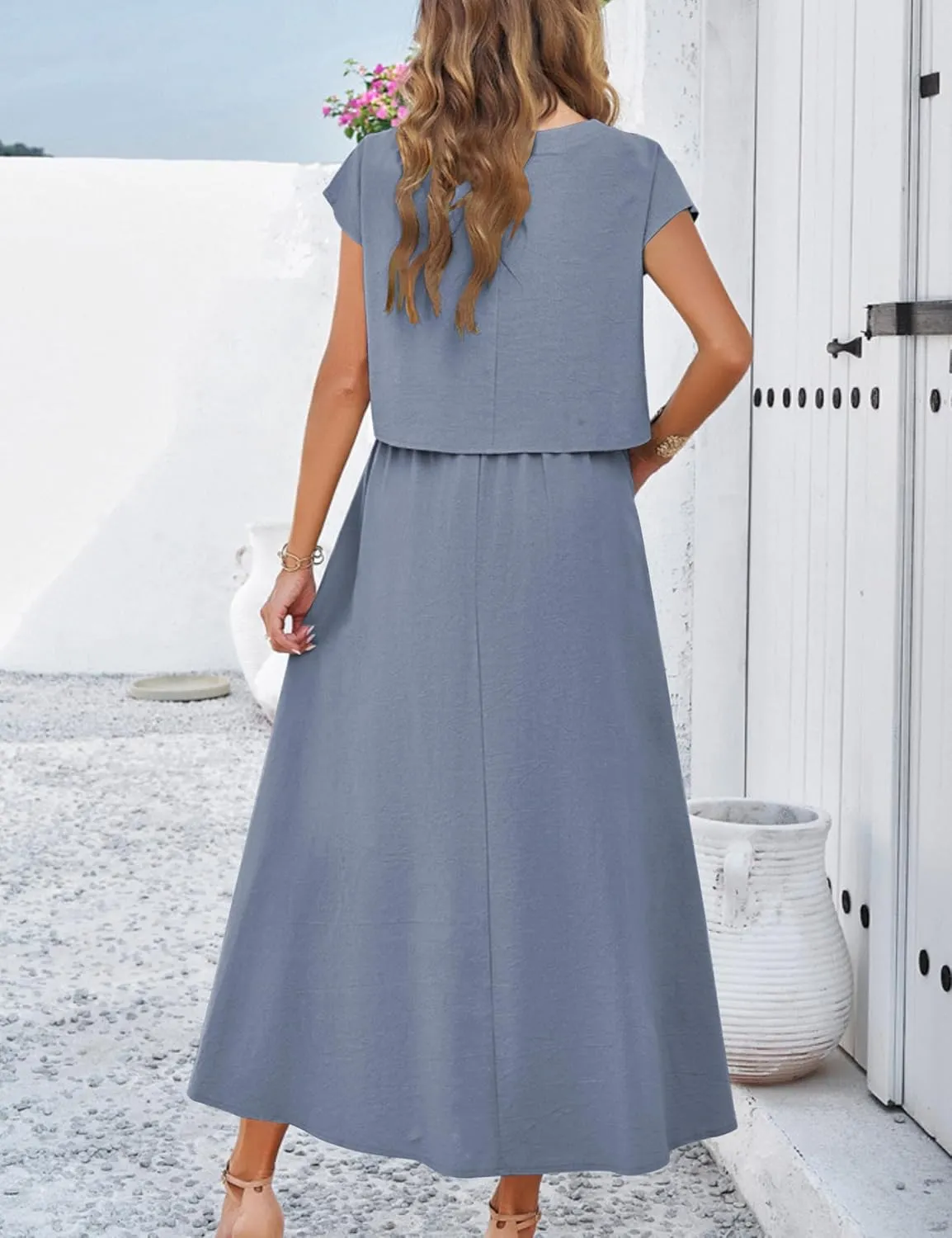 Mingzhu Womens 2 Piece Outfits Skirt Set Summer Casual Cap Sleeve Crop Tops Maxi Dress Sets with Pockets