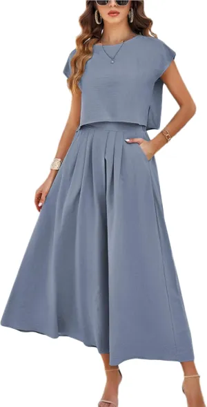 Mingzhu Womens 2 Piece Outfits Skirt Set Summer Casual Cap Sleeve Crop Tops Maxi Dress Sets with Pockets