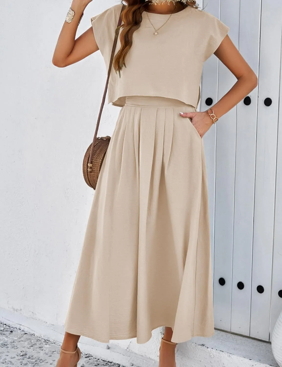 Mingzhu Womens 2 Piece Outfits Skirt Set Summer Casual Cap Sleeve Crop Tops Maxi Dress Sets with Pockets