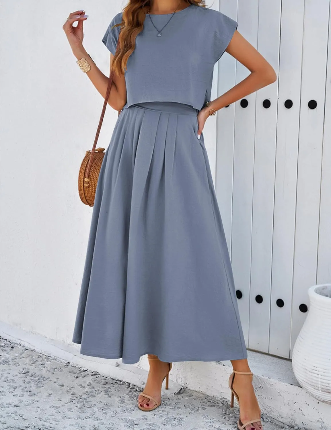 Mingzhu Womens 2 Piece Outfits Skirt Set Summer Casual Cap Sleeve Crop Tops Maxi Dress Sets with Pockets