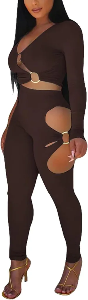 Mintsnow Women's Sexy Two Piece Outfits V Neck Ribbed Cut Out Long Sleeve Crop Top Bodycon Pants Sets Sweatsuit Tracksuits