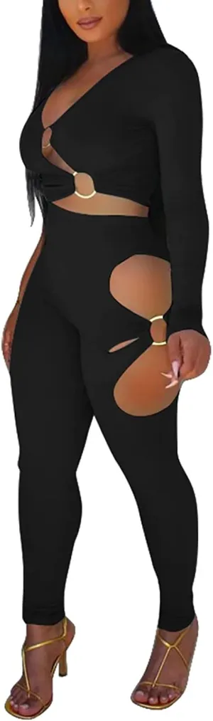 Mintsnow Women's Sexy Two Piece Outfits V Neck Ribbed Cut Out Long Sleeve Crop Top Bodycon Pants Sets Sweatsuit Tracksuits