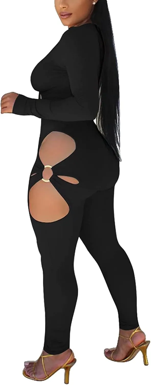 Mintsnow Women's Sexy Two Piece Outfits V Neck Ribbed Cut Out Long Sleeve Crop Top Bodycon Pants Sets Sweatsuit Tracksuits