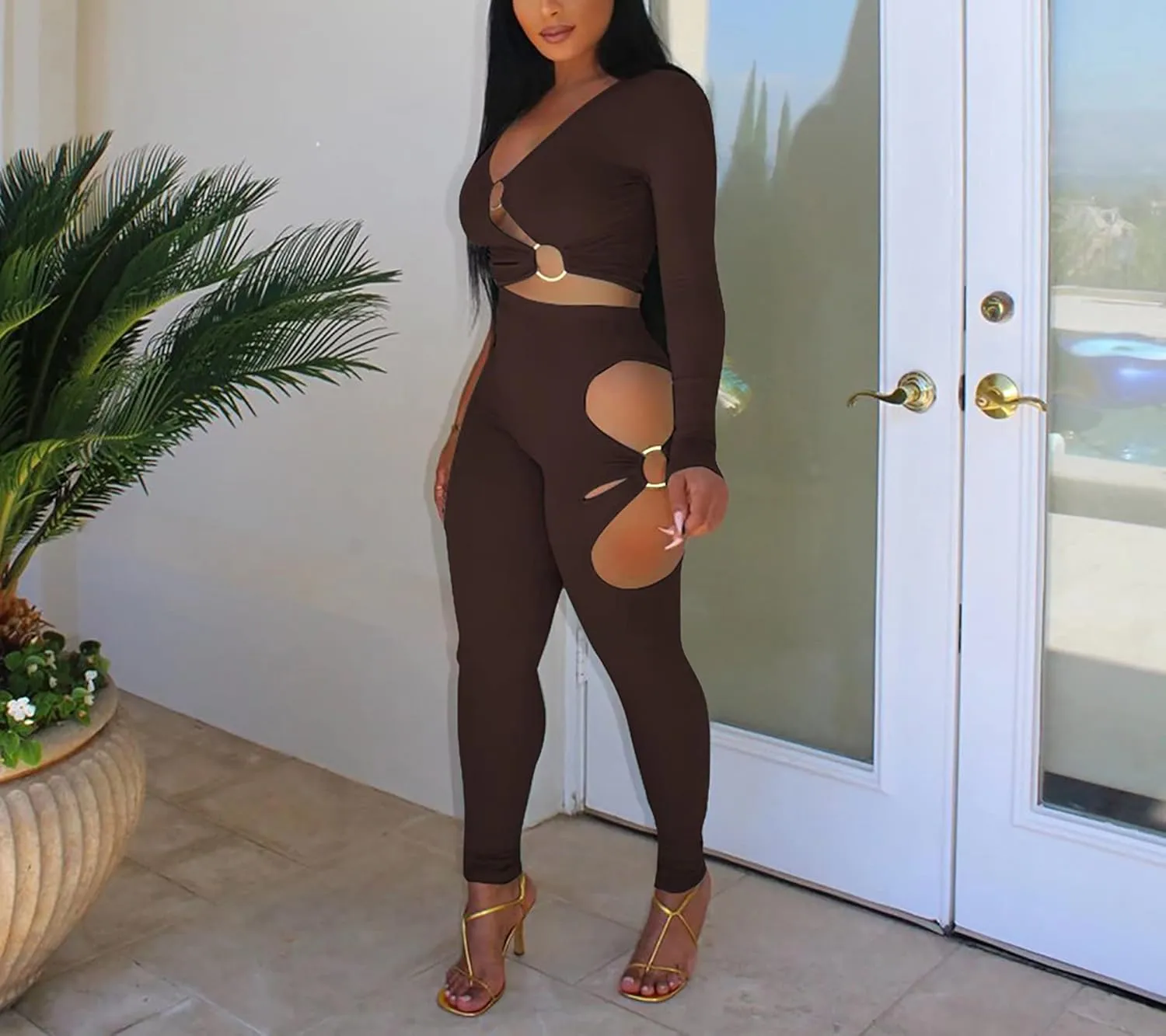Mintsnow Women's Sexy Two Piece Outfits V Neck Ribbed Cut Out Long Sleeve Crop Top Bodycon Pants Sets Sweatsuit Tracksuits