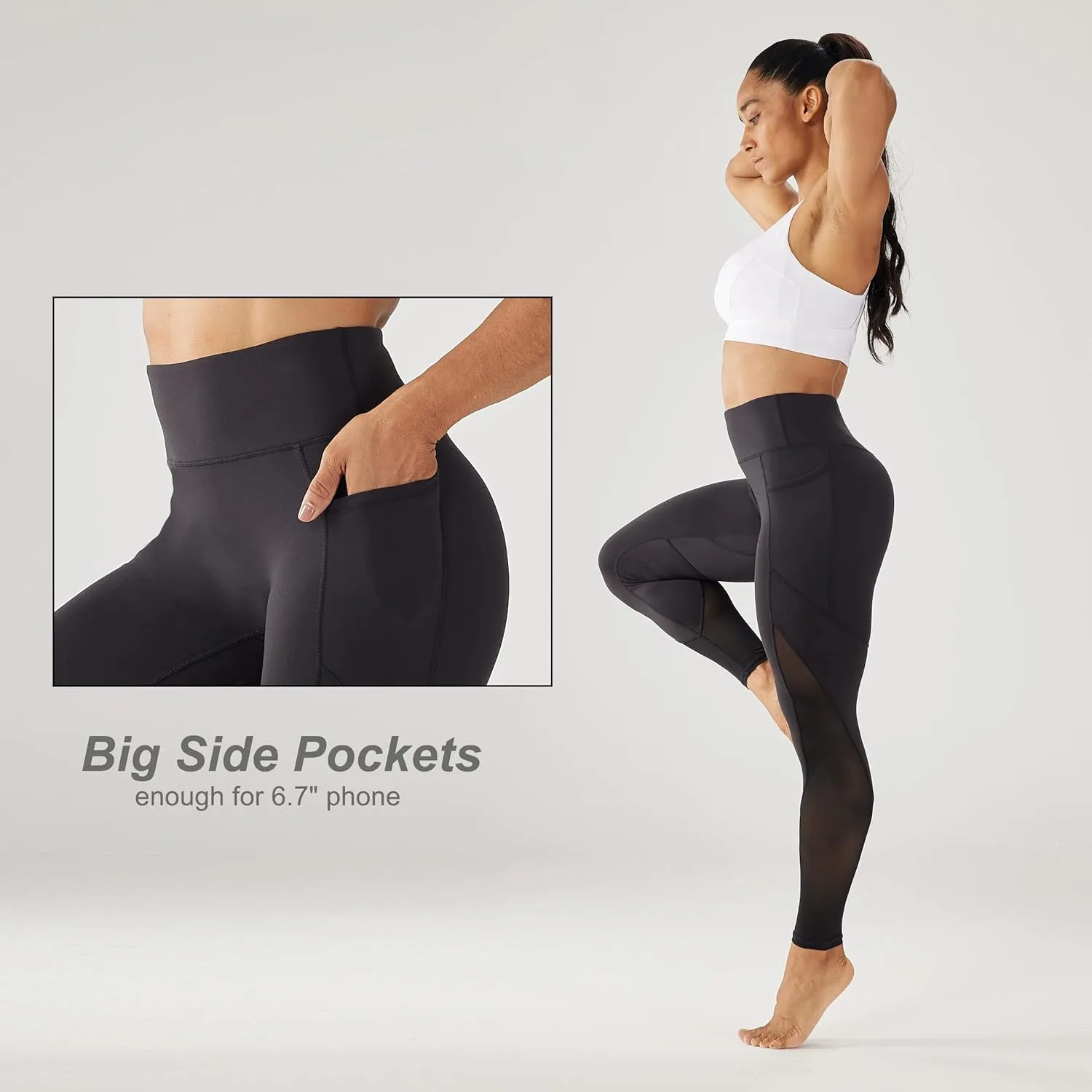 ONGASOFT High Waisted Yoga Pants for Women Running Workout Mesh Leggings Side Pockets Squat Proof Tummy Control