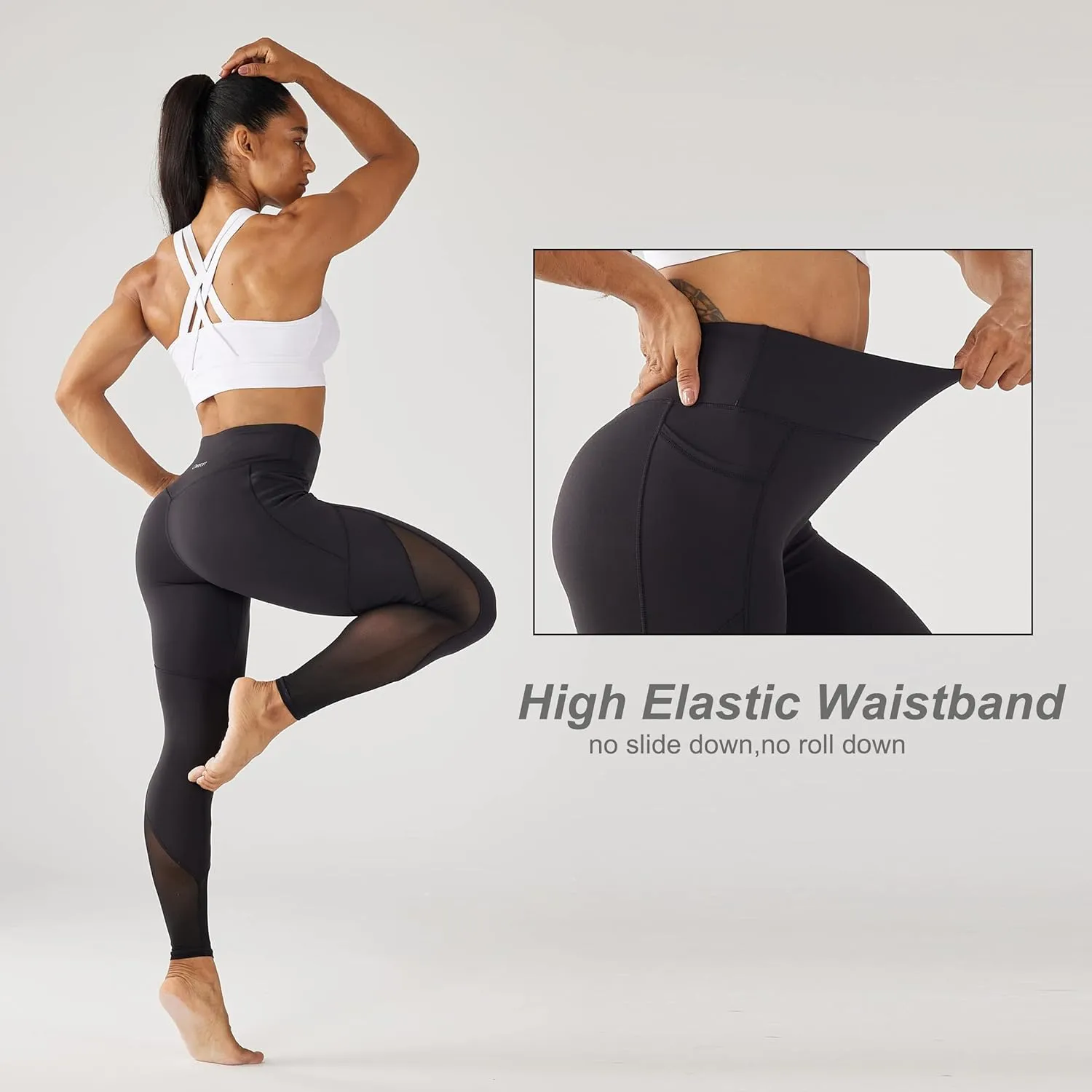 ONGASOFT High Waisted Yoga Pants for Women Running Workout Mesh Leggings Side Pockets Squat Proof Tummy Control