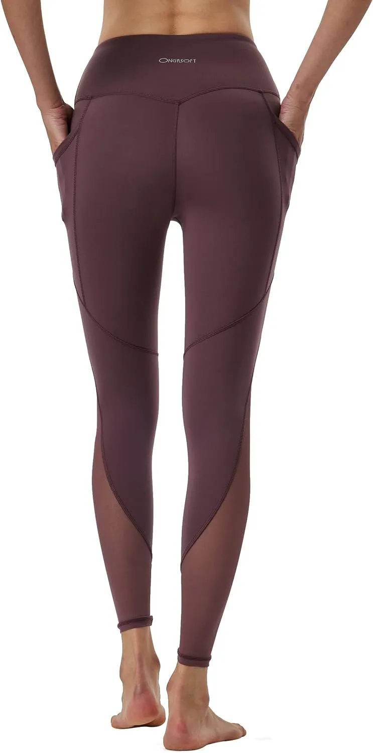 ONGASOFT High Waisted Yoga Pants for Women Running Workout Mesh Leggings Side Pockets Squat Proof Tummy Control