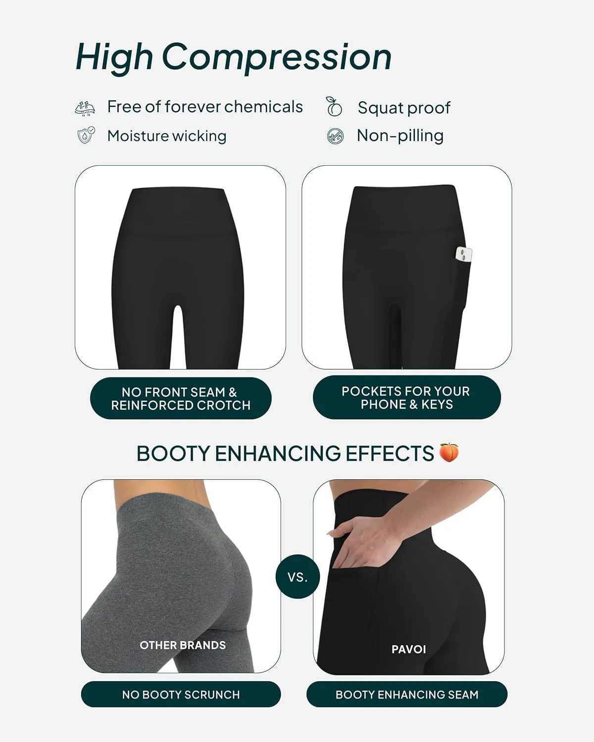 PAVOI ACTIVE Leggings with Pockets | Compressive High Waisted Butt Sculpting Women's Full Length Workout Pants | HiPerform