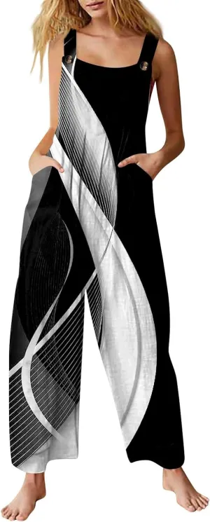 Plus Size Rompers for Curvy Women Sleeveless Adjustable Straps Loose Fit Holiday Wide Leg Jumpsuits with Pockets