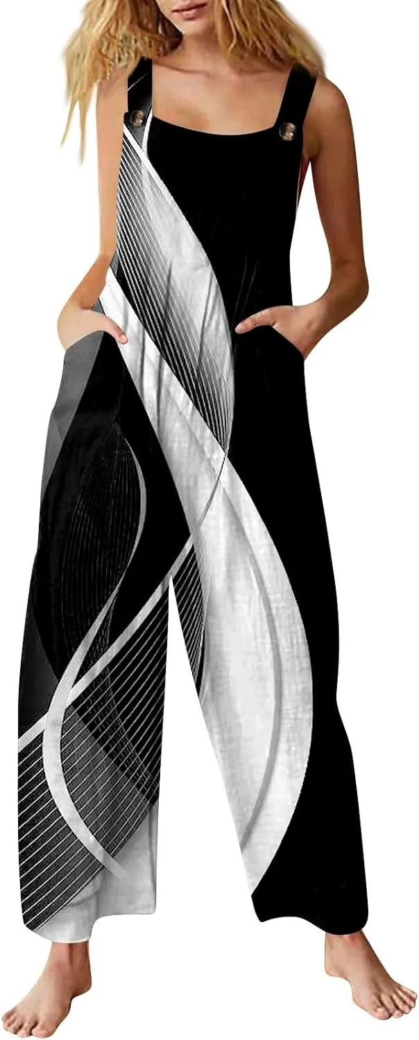 Plus Size Rompers for Curvy Women Sleeveless Adjustable Straps Loose Fit Holiday Wide Leg Jumpsuits with Pockets