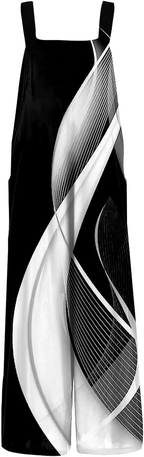 Plus Size Rompers for Curvy Women Sleeveless Adjustable Straps Loose Fit Holiday Wide Leg Jumpsuits with Pockets