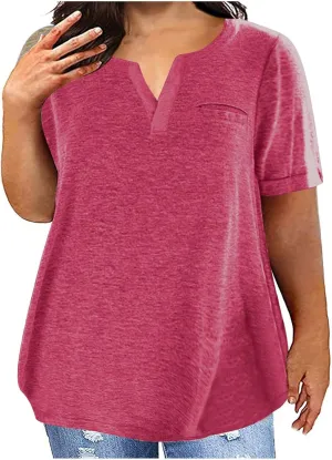 Plus Size Tops for Women Short Sleeve Cotton Summer Shirts Loose Fit V Neck T Shirt Solid Color Top with Front Pocket