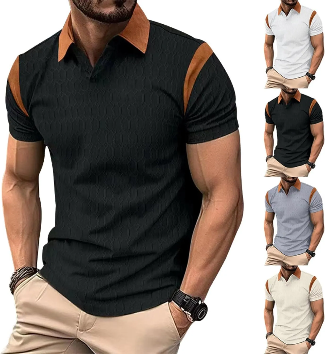 PORCLAY Men's Waffle Polo Shirts Short SleeveV Neck Casual Lapel Polos Tops 2025 Summer Slim Fit Golf Blouse for Men