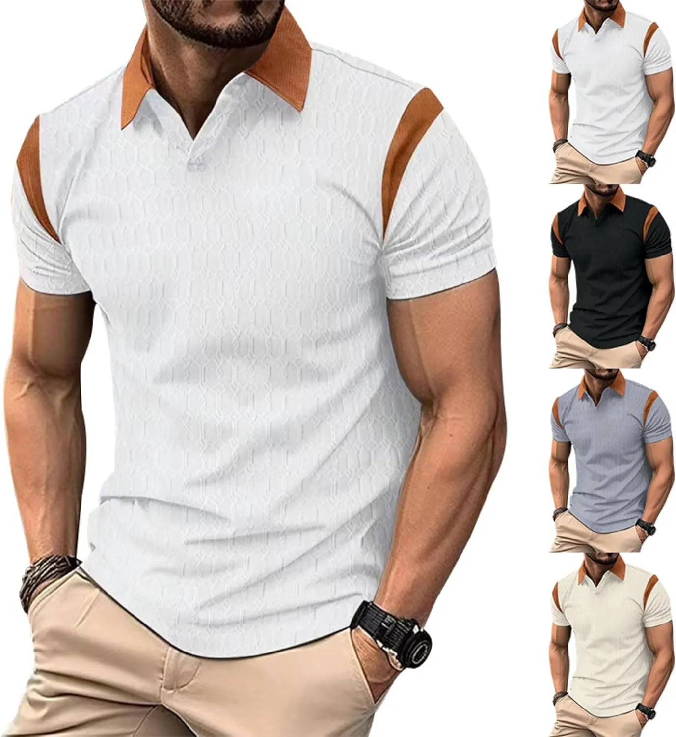 PORCLAY Men's Waffle Polo Shirts Short SleeveV Neck Casual Lapel Polos Tops 2025 Summer Slim Fit Golf Blouse for Men