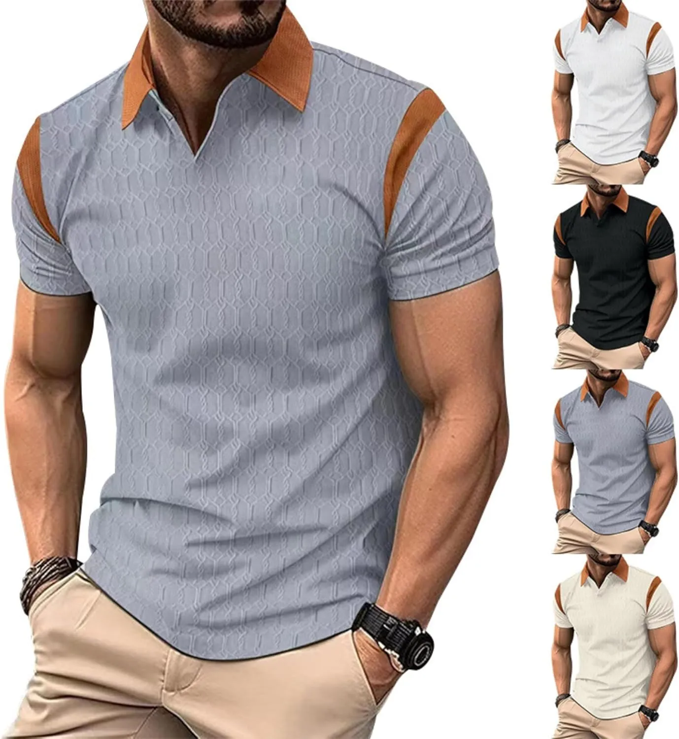 PORCLAY Men's Waffle Polo Shirts Short SleeveV Neck Casual Lapel Polos Tops 2025 Summer Slim Fit Golf Blouse for Men
