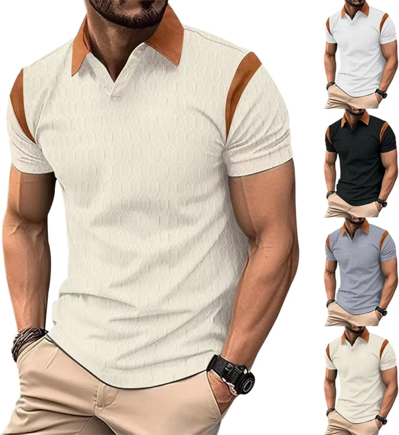 PORCLAY Men's Waffle Polo Shirts Short SleeveV Neck Casual Lapel Polos Tops 2025 Summer Slim Fit Golf Blouse for Men