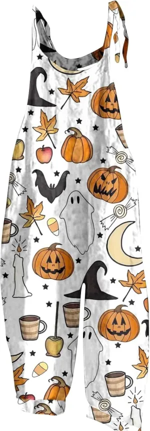 Pumpkin Bat Ghost Spider Web Halloween Print Jumper Women's Jumpsuits Rompers Overalls Linen Loose Jumpsuit for Women