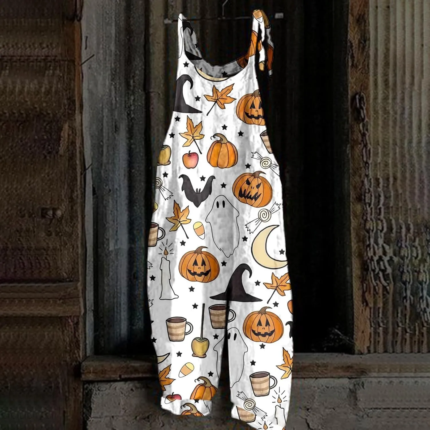Pumpkin Bat Ghost Spider Web Halloween Print Jumper Women's Jumpsuits Rompers Overalls Linen Loose Jumpsuit for Women