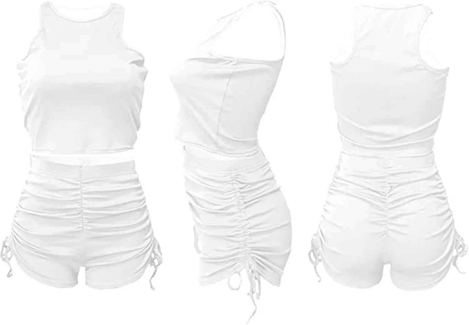 PYAEAS Summer Two Piece Outfits for Women, Casual Stretchy Ribbed Tank Crop Top Ruched Shorts Set Workout Tracksuits