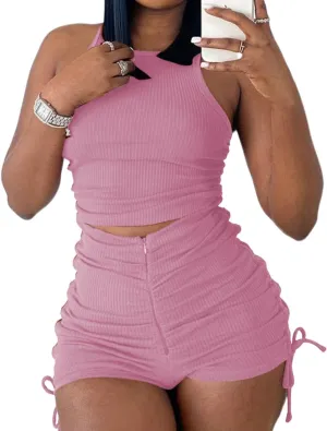 PYAEAS Summer Two Piece Outfits for Women, Casual Stretchy Ribbed Tank Crop Top Ruched Shorts Set Workout Tracksuits