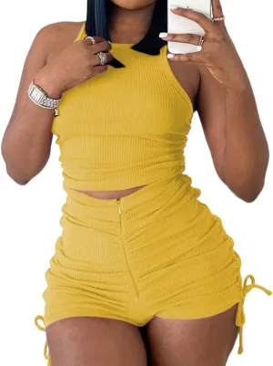 PYAEAS Summer Two Piece Outfits for Women, Casual Stretchy Ribbed Tank Crop Top Ruched Shorts Set Workout Tracksuits