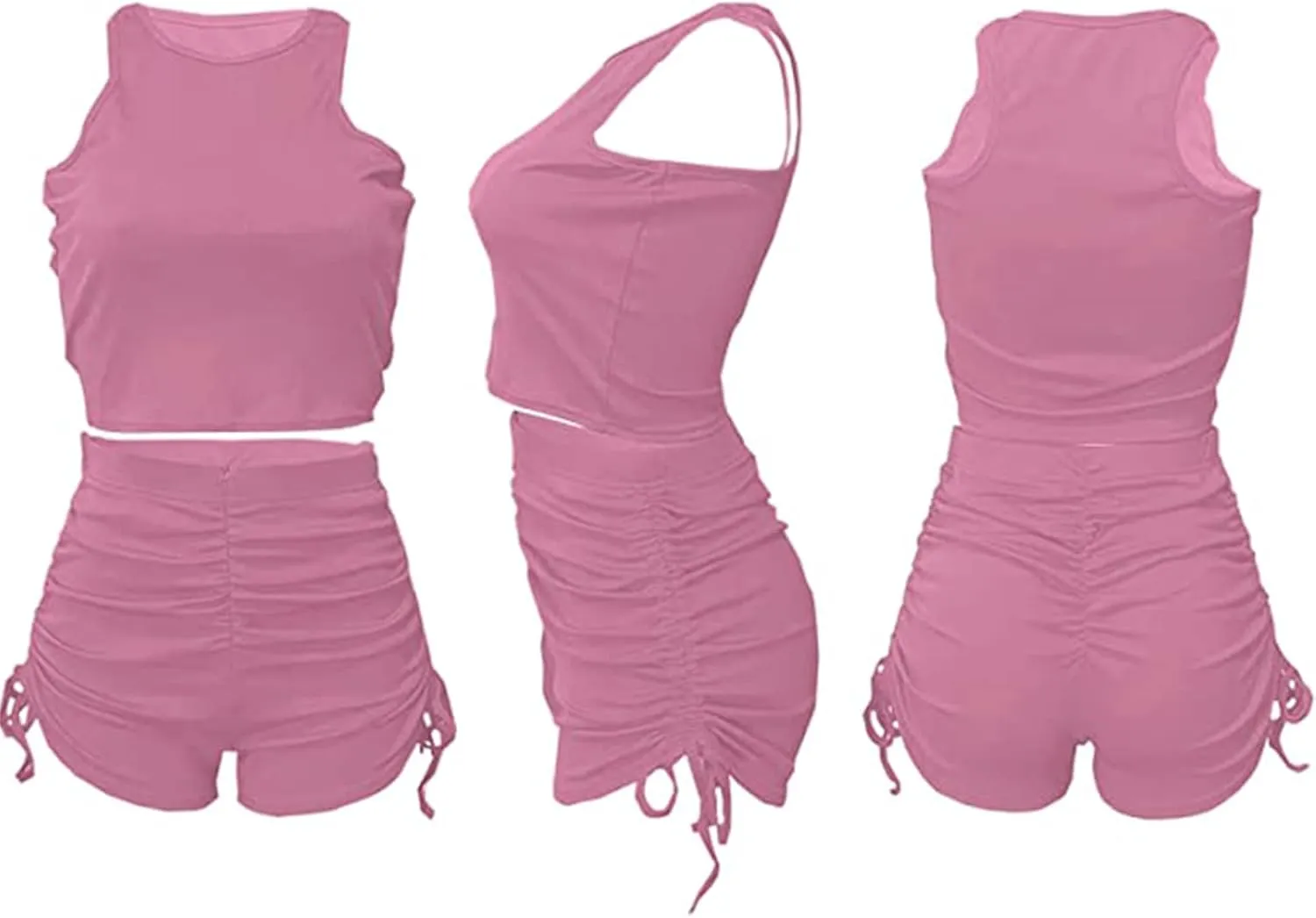 PYAEAS Summer Two Piece Outfits for Women, Casual Stretchy Ribbed Tank Crop Top Ruched Shorts Set Workout Tracksuits