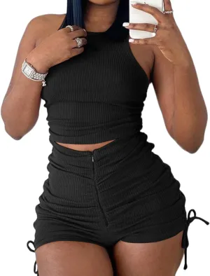 PYAEAS Summer Two Piece Outfits for Women, Casual Stretchy Ribbed Tank Crop Top Ruched Shorts Set Workout Tracksuits