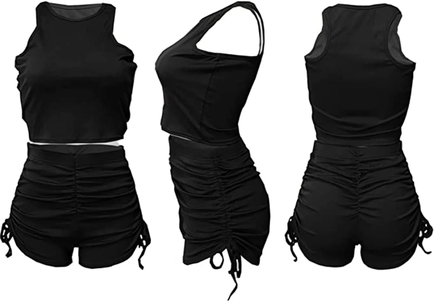 PYAEAS Summer Two Piece Outfits for Women, Casual Stretchy Ribbed Tank Crop Top Ruched Shorts Set Workout Tracksuits