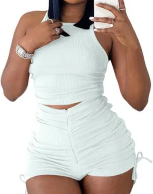 PYAEAS Summer Two Piece Outfits for Women, Casual Stretchy Ribbed Tank Crop Top Ruched Shorts Set Workout Tracksuits