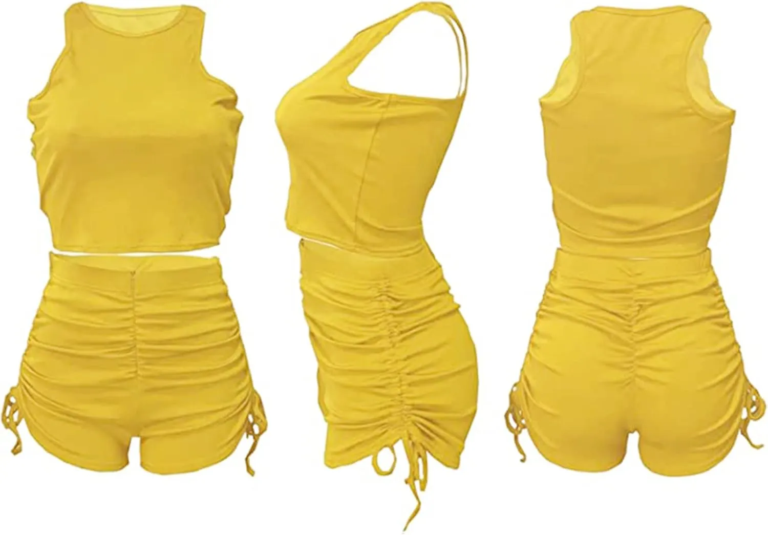 PYAEAS Summer Two Piece Outfits for Women, Casual Stretchy Ribbed Tank Crop Top Ruched Shorts Set Workout Tracksuits