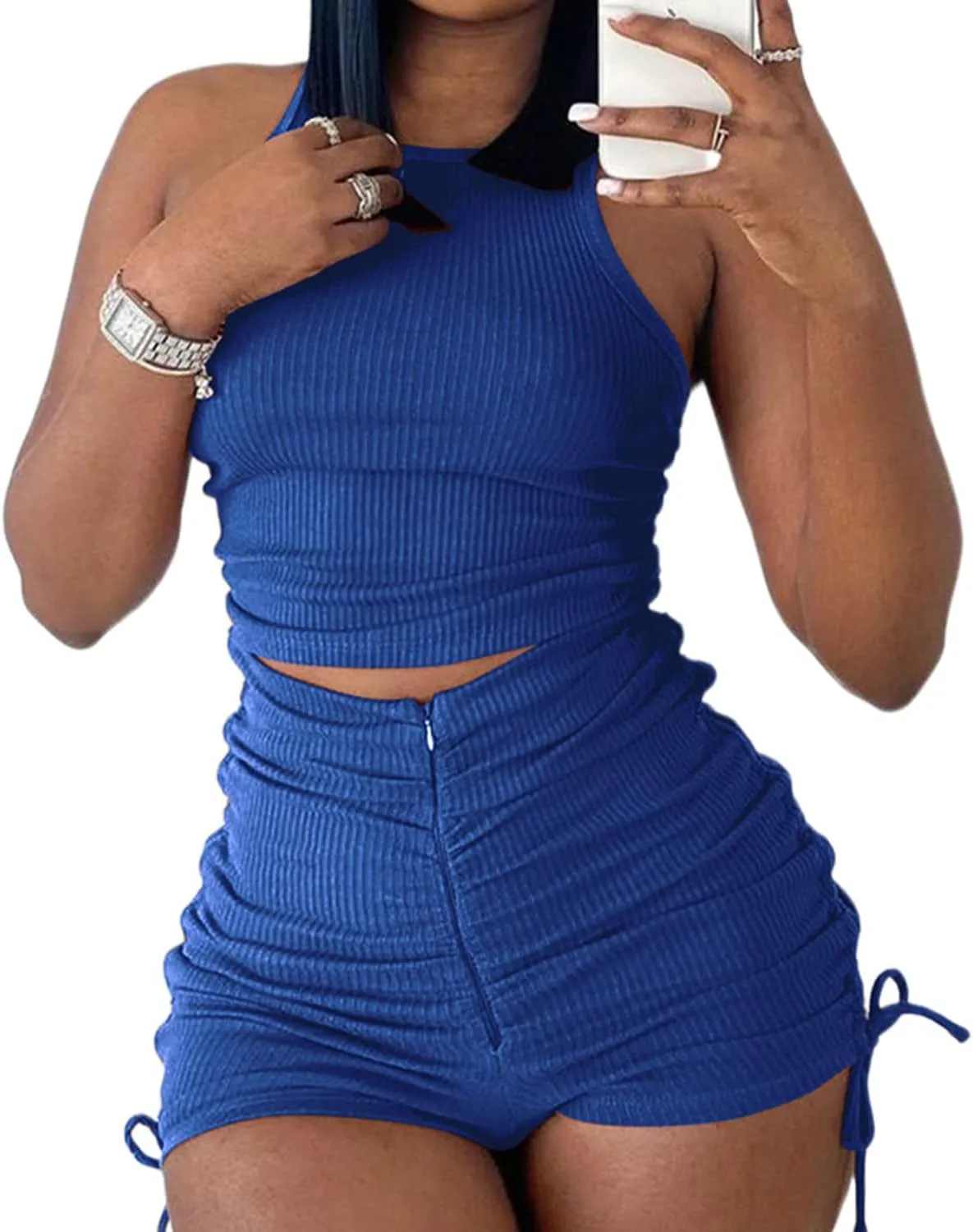 PYAEAS Summer Two Piece Outfits for Women, Casual Stretchy Ribbed Tank Crop Top Ruched Shorts Set Workout Tracksuits