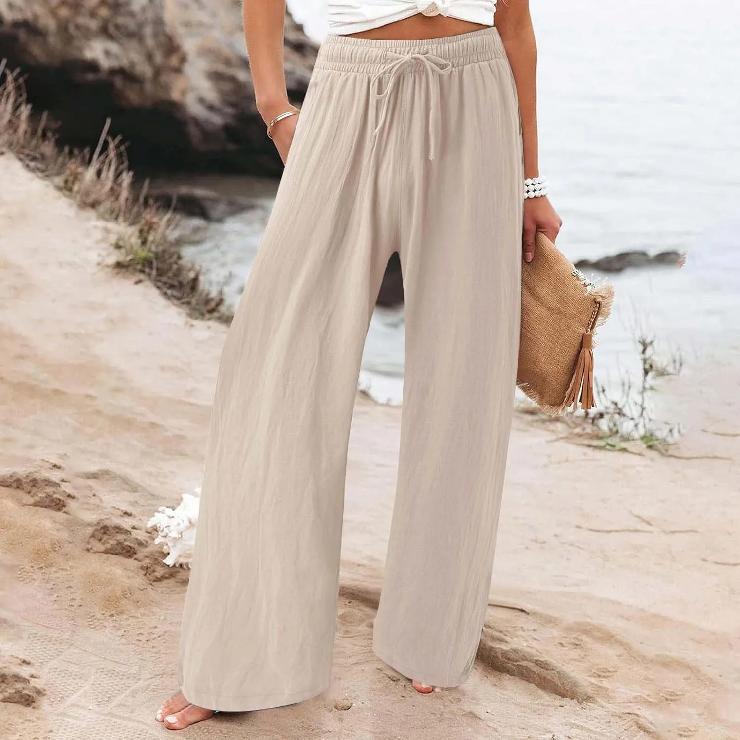 Resort Wear for Women 2025 Linen Pants Wide Leg Summer Casual Loose Pants High Waist Drawstring Pockets Beach Trousers