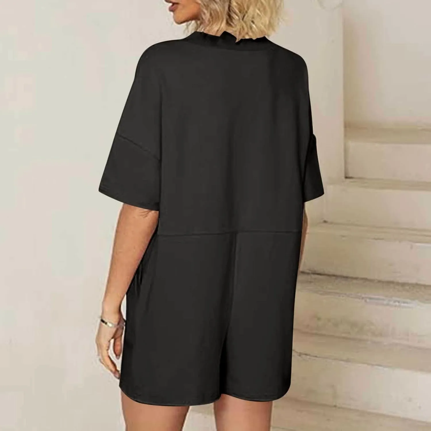 Rompers for Women 2025 Summer Casual Short Sleeve V-Neck Wide Leg One Piece Jumpsuits Loose Overalls With Pockets