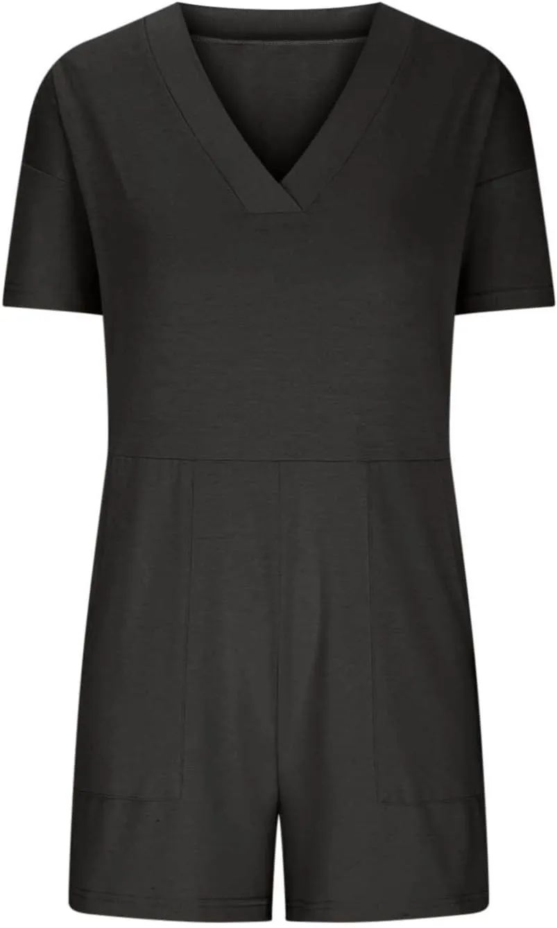 Rompers for Women 2025 Summer Casual Short Sleeve V-Neck Wide Leg One Piece Jumpsuits Loose Overalls With Pockets