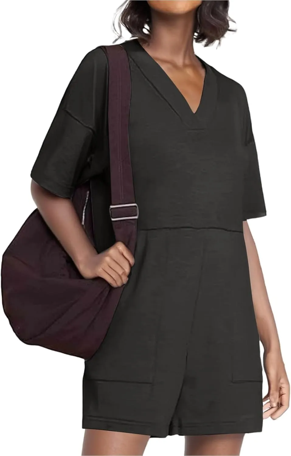 Rompers for Women 2025 Summer Casual Short Sleeve V-Neck Wide Leg One Piece Jumpsuits Loose Overalls With Pockets