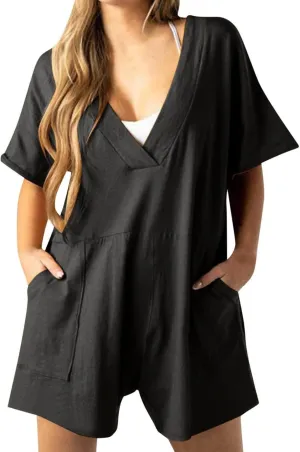 Rompers for Women 2025 Summer Casual Short Sleeve V-Neck Wide Leg One Piece Jumpsuits Loose Overalls With Pockets