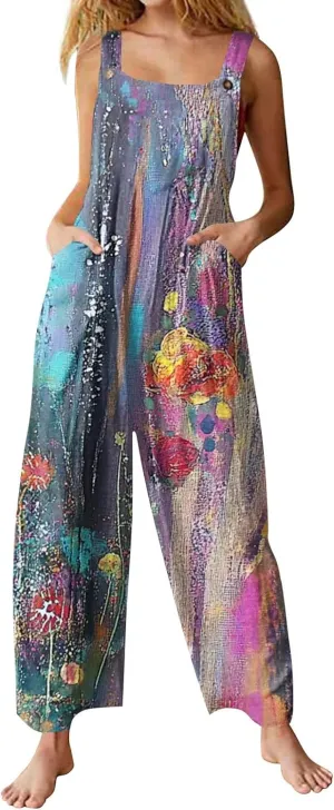 Rompers for Women 2025 Summer Floral Print Boho Overalls Loose fit Wide Leg Long Jumpsuits with Pockets