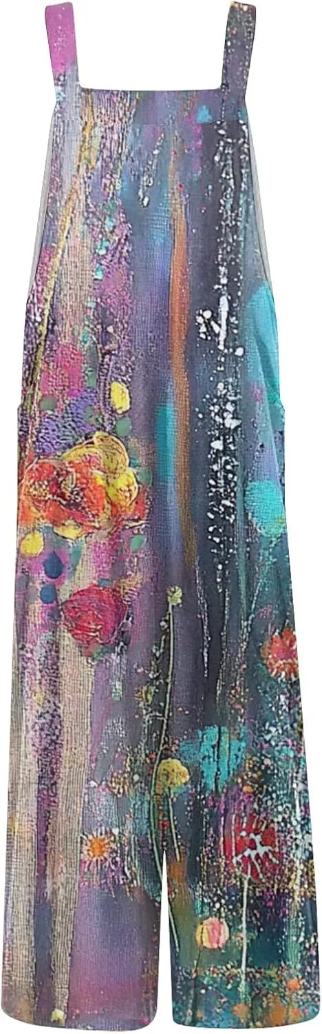 Rompers for Women 2025 Summer Floral Print Boho Overalls Loose fit Wide Leg Long Jumpsuits with Pockets