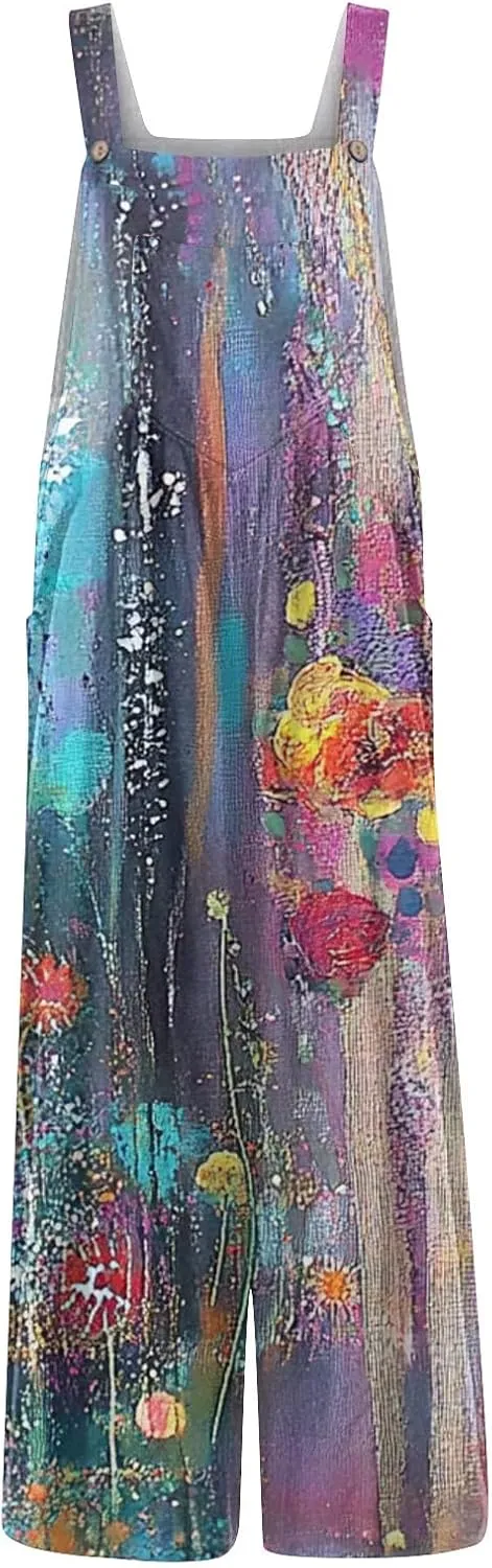 Rompers for Women 2025 Summer Floral Print Boho Overalls Loose fit Wide Leg Long Jumpsuits with Pockets